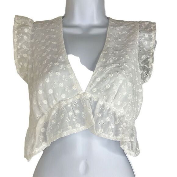 Idem Ditto White Eyelet Floral Crop Top Small Peplum Ruffle Sleeve Plunge Neck - Picture 1 of 11